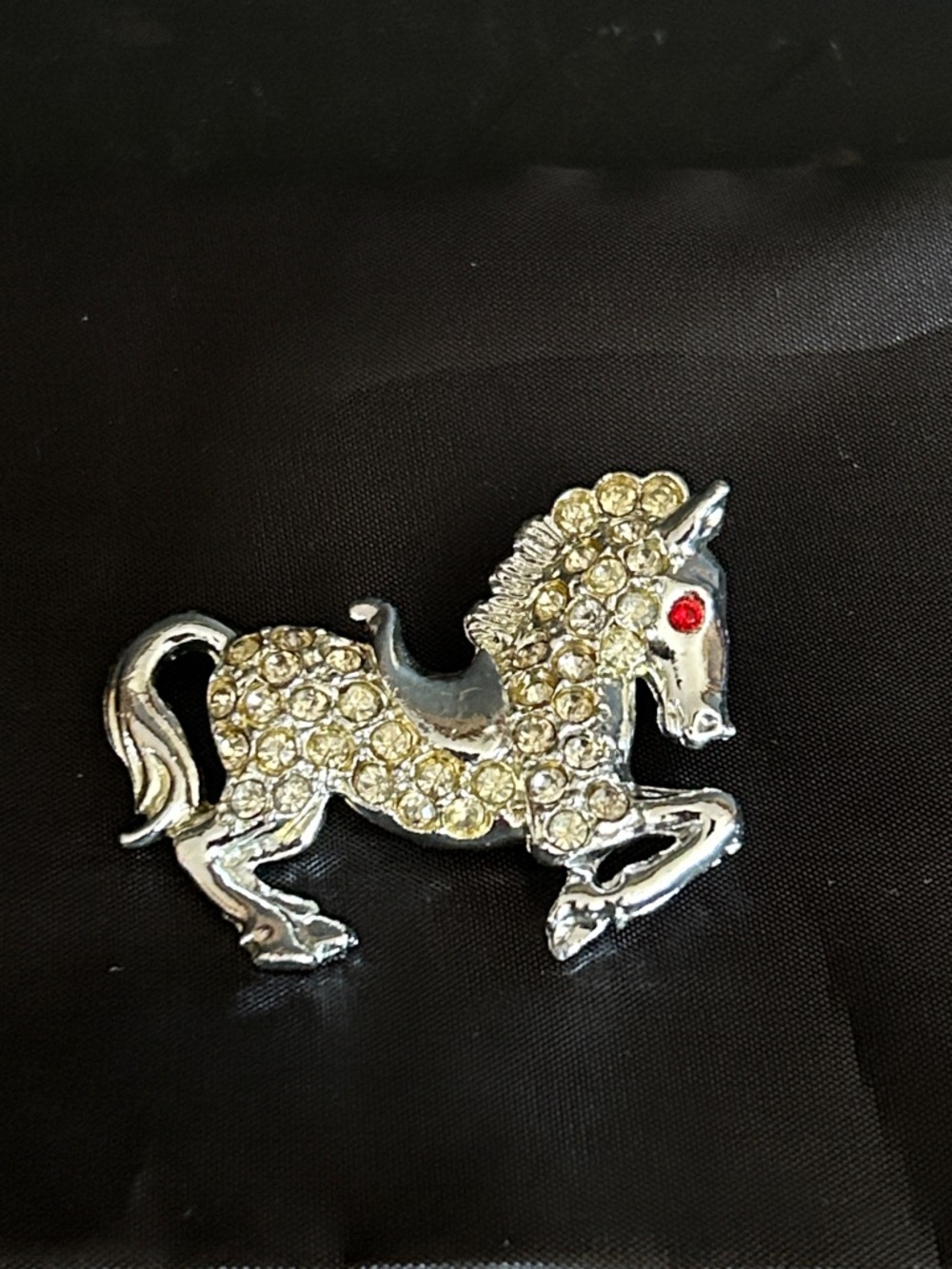 Vintage Rhinestone Pony Brooch - Silver  Tone with Clear Stones